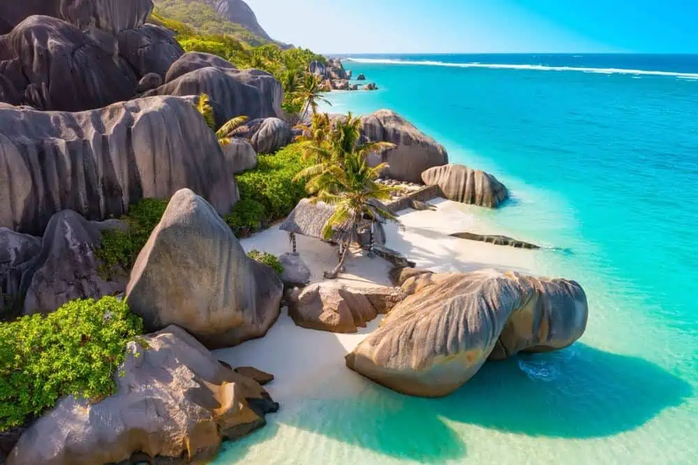 Granite boulders and turquoise water at Anse Source d'Argent beach, La Digue, Seychelles